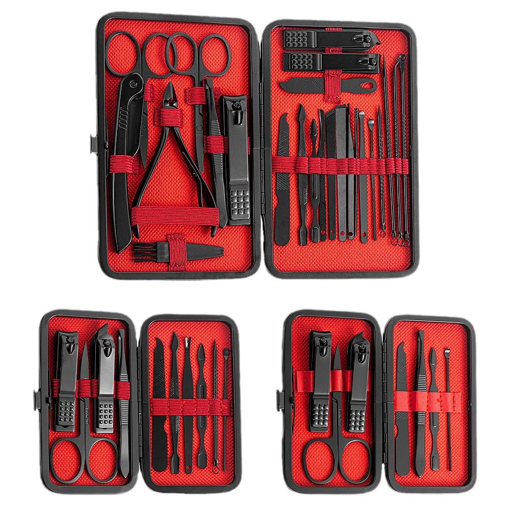 24-Piece Manicure Set: Black and Red Nails, Ear Pick, Oblique Clippers, Nose Hair Scissors, Tweezers