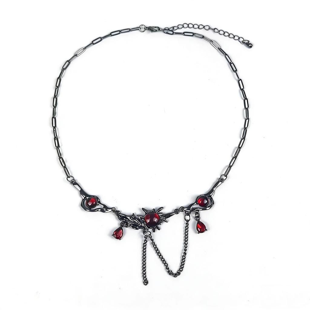 Niche Gun Black Fringed Red Zircon Gothic Clavicle Chain Women European Cross-border Dark Wind Punk Daily Party Neck Accessory Gift