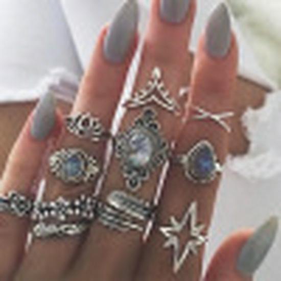 Vintage Starry Sky Gem & Diamond Carved Ring Set - 11 Pieces