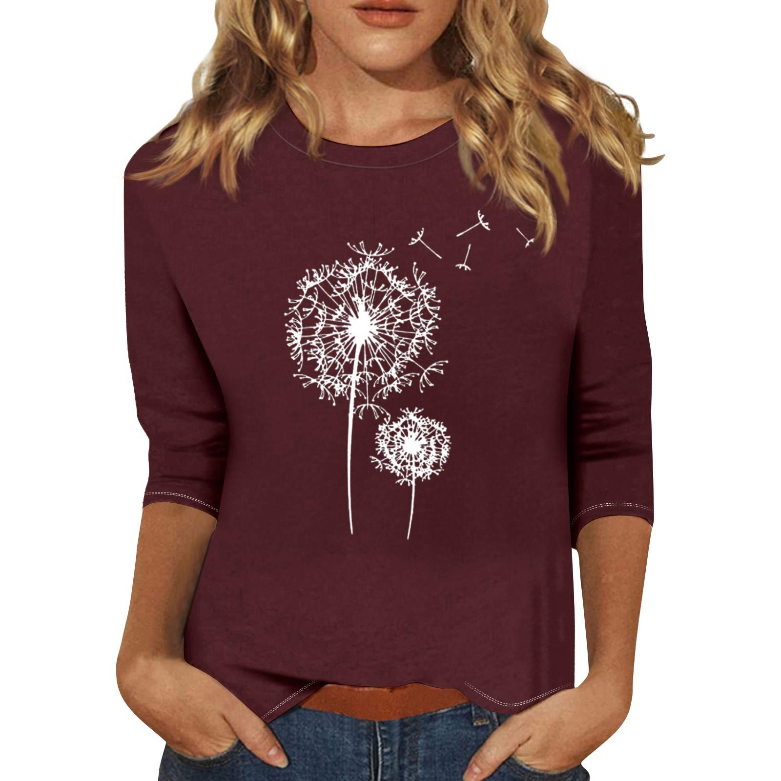 

Women s Fashion Casual Round Neck 3/4 Sleeve Loose Printed T-Shirt Ladies Top XL винний