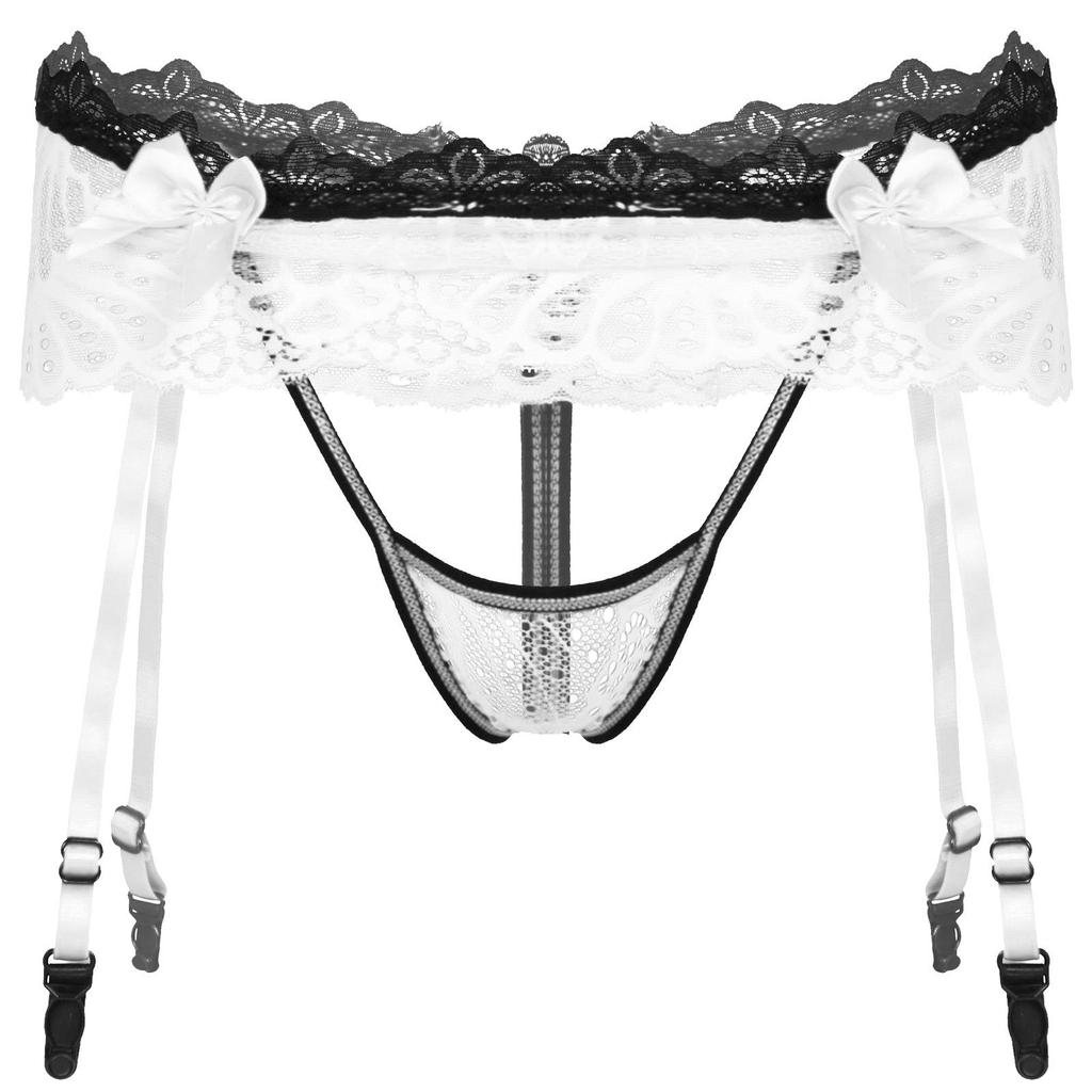 Tanga cu fustă din dantelă pentru bărbați, portjartier reglabil, design decupat, bandă elastică în talie, lenjerie sissy T-back fără întrepicior