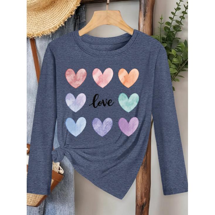 Watercolor Hearts Love Printed Long-sleeve Vintage Round Neck T Fresh and Natural Style Loose-fitting shirt2026Elegant Spring and Autumn Party