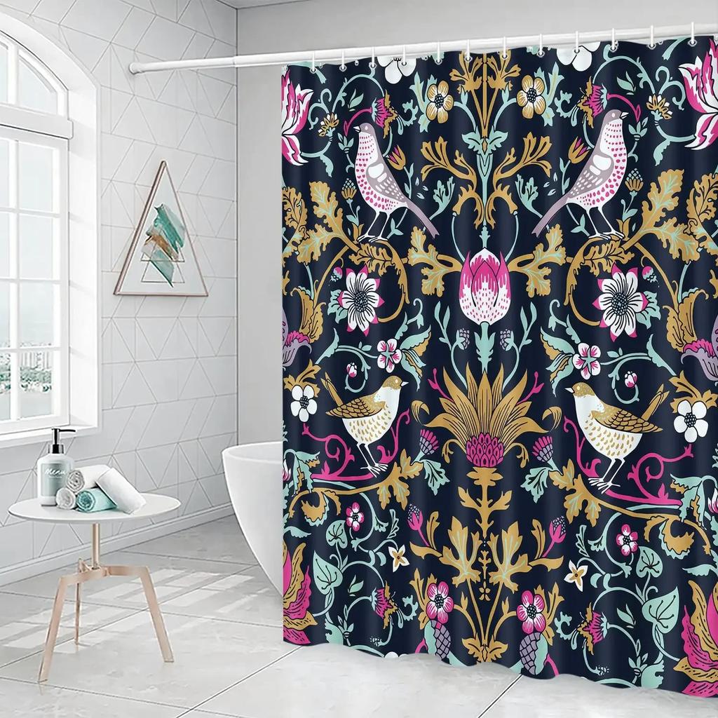 Vintage Garden Art Floral Shower Curtain, Heavy Weight Fabric, Washable Bath Curtains For Bathroom