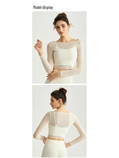 Women's Sexy Mesh Lace Long Sleeve Yoga Top and Bra Two-Piece Pilates Set