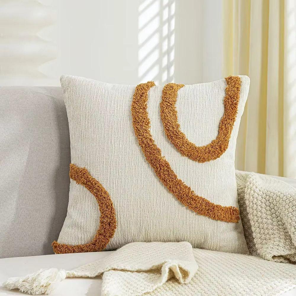 Brown Retro Throw Pillow Cover Material Geometric Design Waist Cushion Cover High Quality Linen Tufted Texture