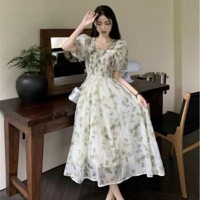 Women's Square Neck Puff Sleeve Floral Print A-Line Midi Dress Casual High Waist Summer Dress