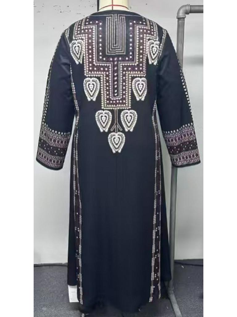 Middle Eastern Ethnic Style Navy Blue Plus Size Long Dress with Long Sleeves