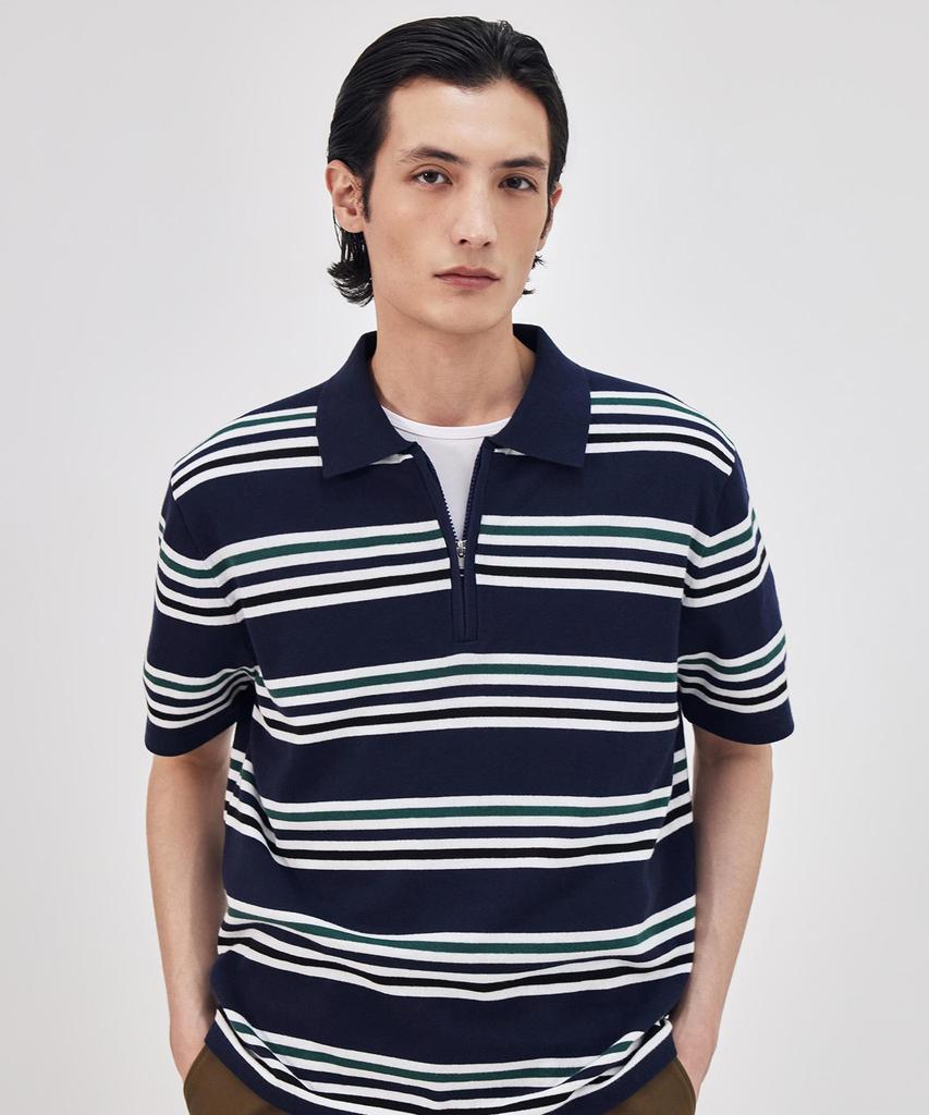 THEKNITCOMPANY Orea Stripe Zipper Polo Shirt - Astral Navy