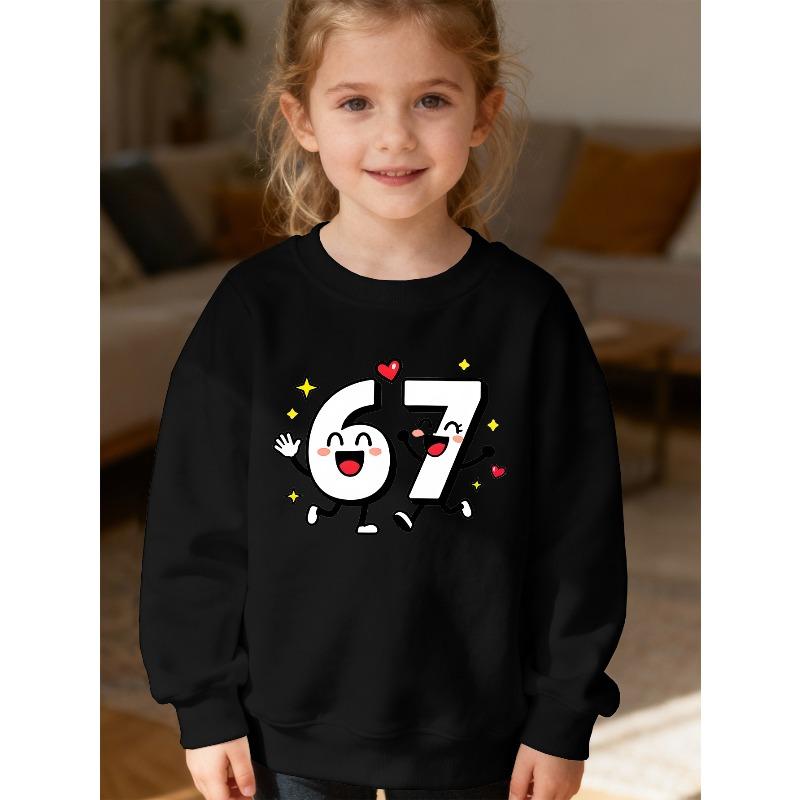 Kids Unisex Crewneck Sweatshirt, Cute Cartoon Smiley Number 67 With Heart Star Print Long Sleeve, Kids Sweatshirt For Boys Girls Over 4 Years Old 110 чёрный