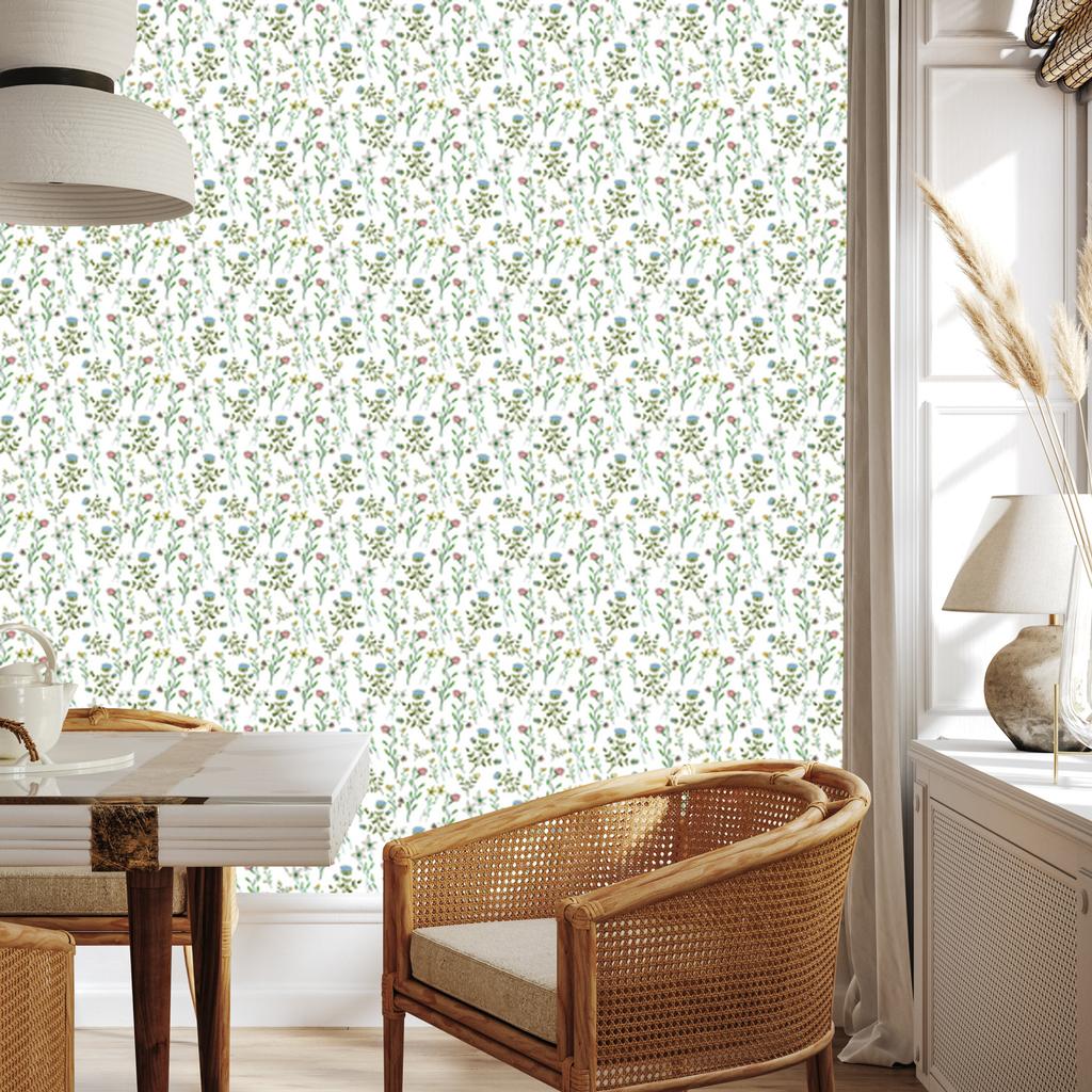 Wild Flowers Wallpaper White, Light Gray and Lime 50x1000