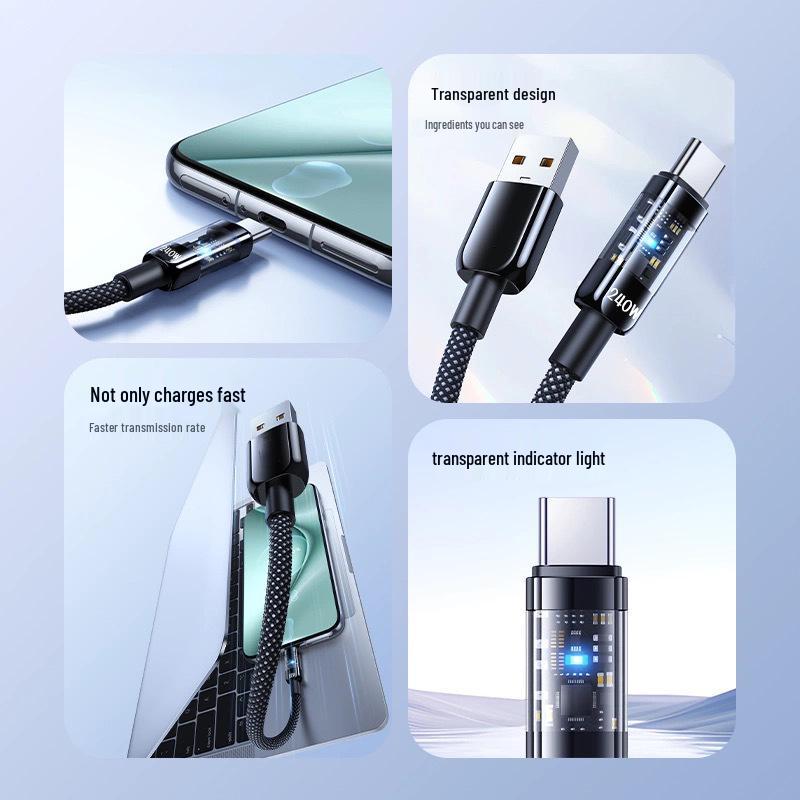 Clear 240W Super Fast Charging USB-C Data Cable for Huawei Honor 10A Flash Charger