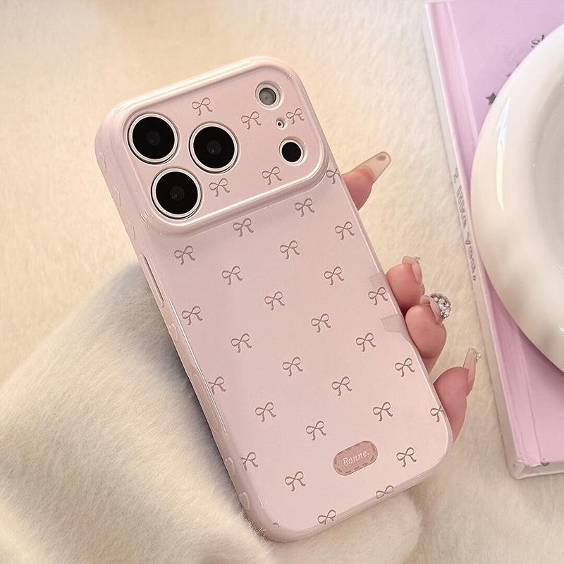 Cute Pink Bow Candy Color Soft Heart Relief Side Phone Case For iPhone 11 12 13 14 15 16 17 Pro Max 14 Plus Shockproof Cover