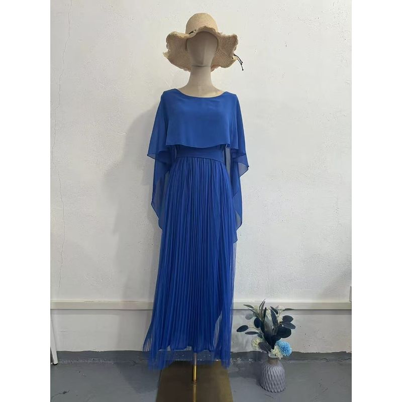 

European and American New Solid Lace Stitching Shawl Sleeve Dress Backless Shawl Sleeve Dress Blue S