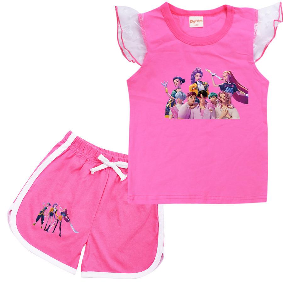 

Детский Девочки Аниме Мультяшный ПОП Певица Руми Зои Мира С Принтом Повседневный Сет Одежды Футболка с Короткими Рукавами и Сетчатыми Рукавами Шорты 170cm розы красного