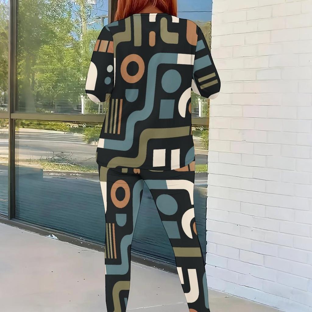 Women Plus Size Round Neck Long Sleeve Printed Top And Fitted Pants Two Piece Set