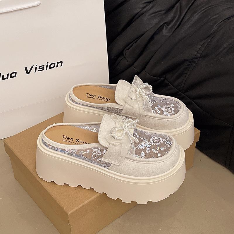 

Бантик жемчужный толстоподошвенный мешок голова полушлепанцы женские летние новые маленькие увеличивающие рост сетчатые прохладные шлепанцы 40