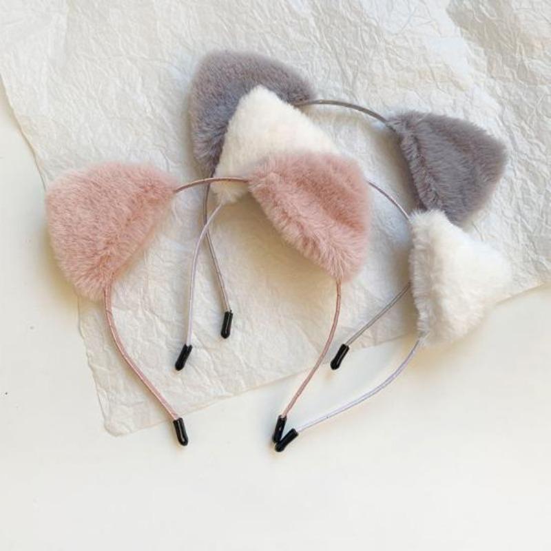 Women Hairband Soft Fluffy Plush Cartoon Kitty Ear Decor Elastic Narrow Brim Anti-slip Regular Fit Solid Color Head Decoration Hair Hoop