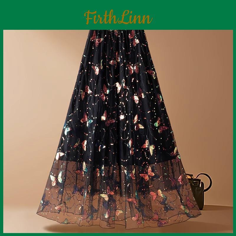 Sequined Skirt Spring Butterfly Gauze Skirt High Waist Aline Skirt Drape Midlength Mesh Fairy Skirt