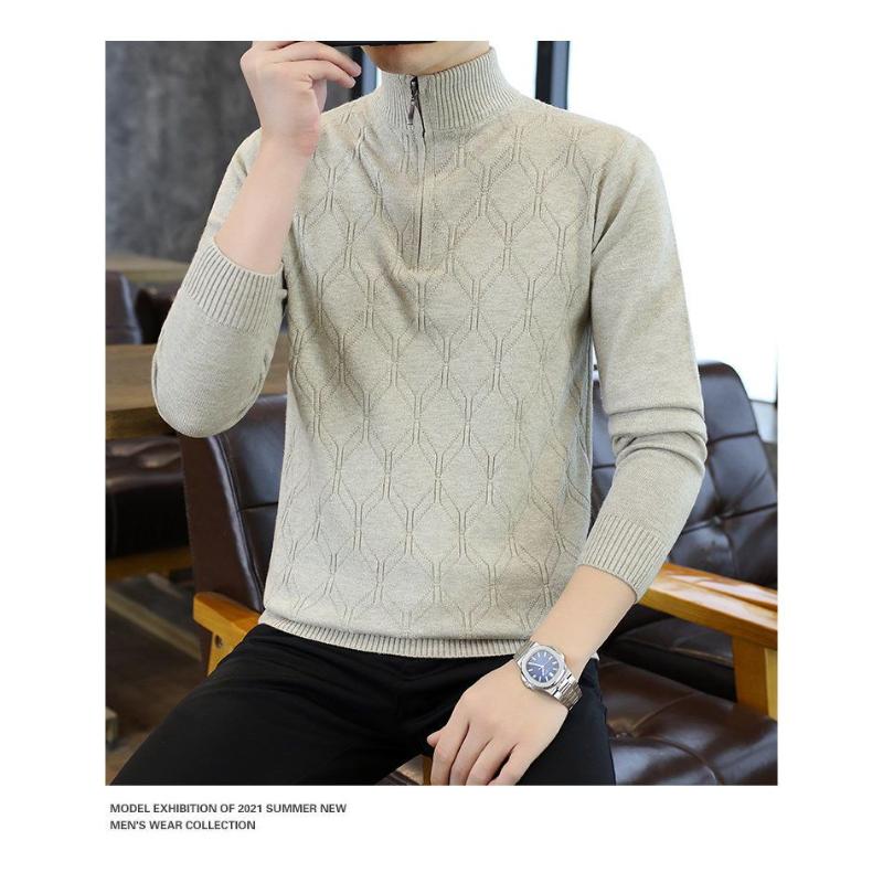 Men Half Zip Mock Neck Diamond Cable Knit Long Sleeve Pullover Sweater