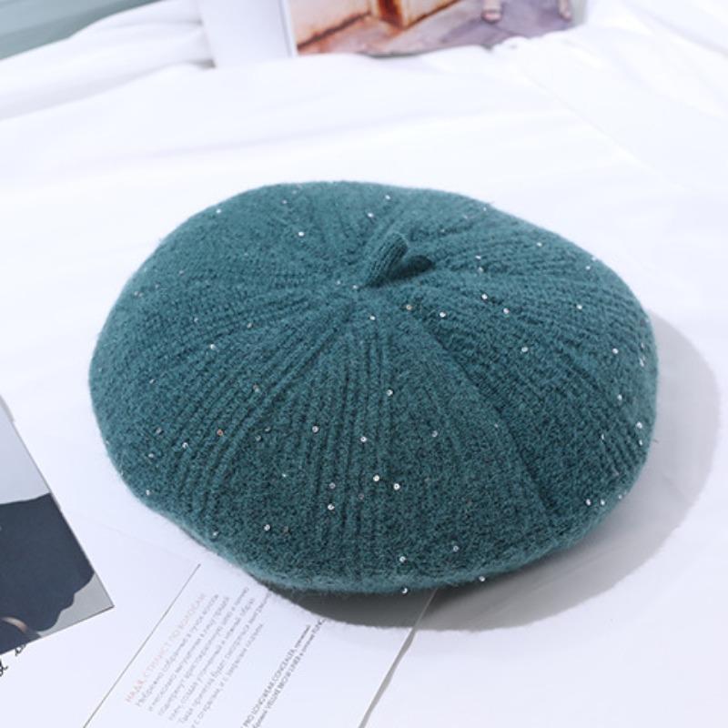 Glitter beret women's autumn and winter woolen hat with fleece winter knitted hat solid color women's hat