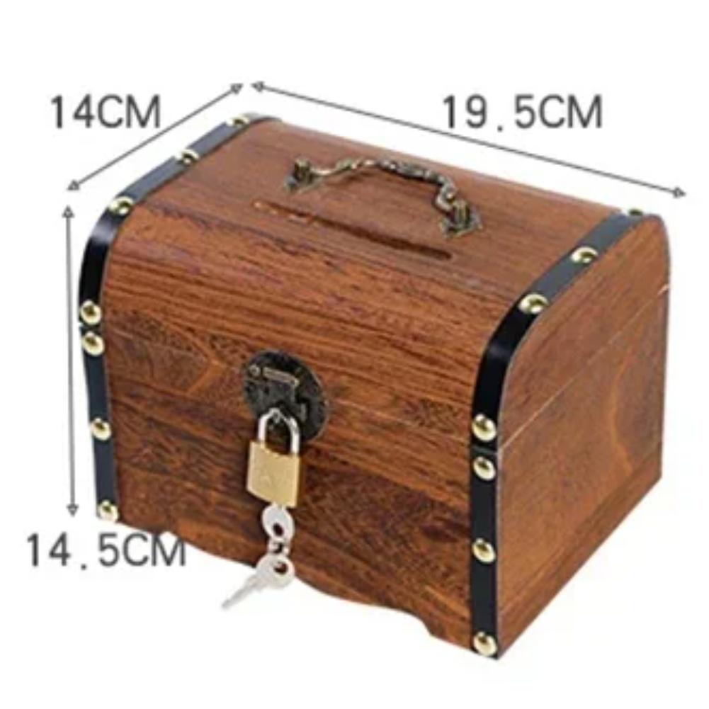 Retro Wooden Treasure Chest Piggy Bank with Lock Secure Coin Storage Box for Home Decor and Personal Valuables