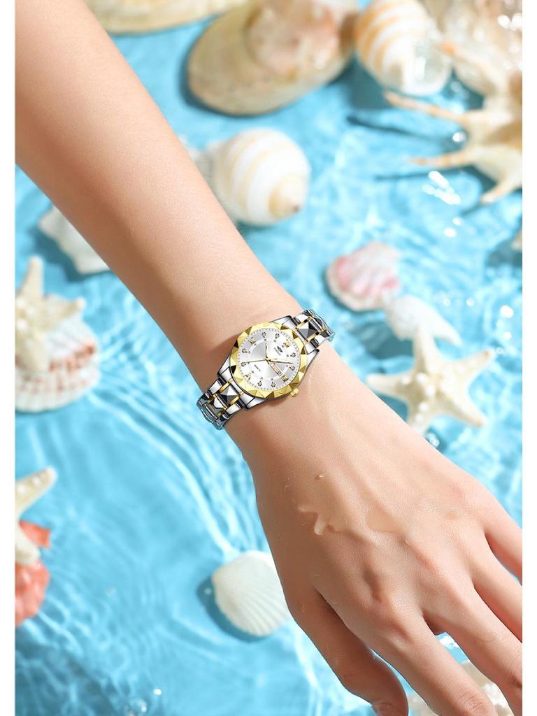 Women's Luminous Diamond Pattern Waterproof Quartz Watch with Double Calendar and Solid Band.