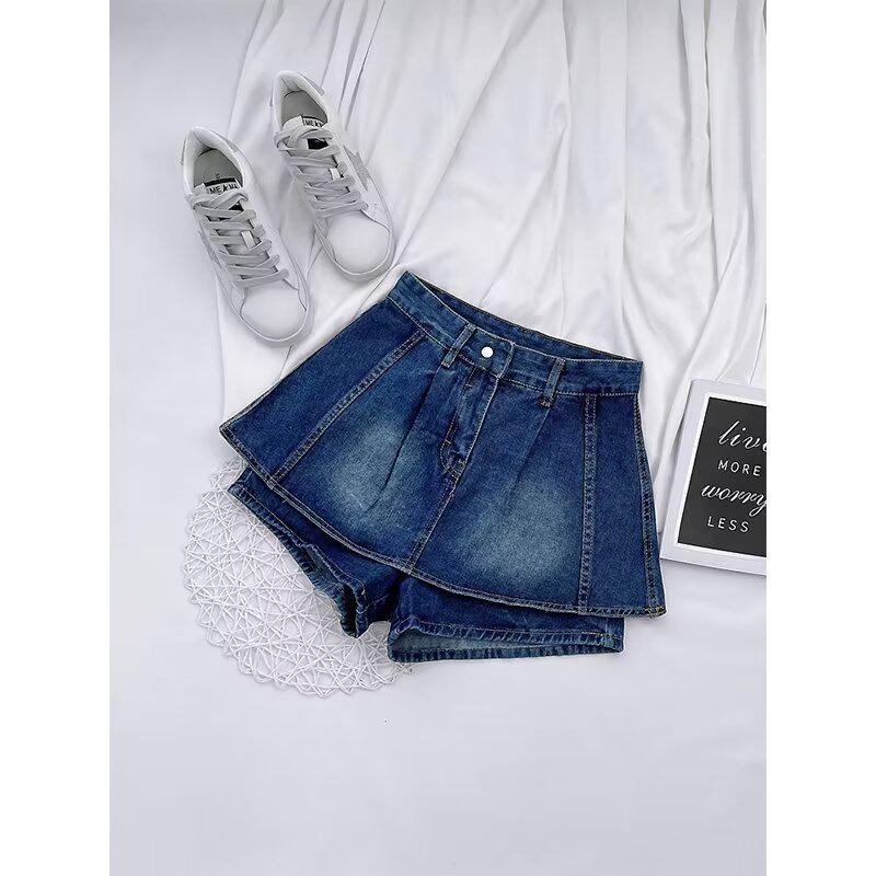 

2025 Trendy High-Waisted Ruffled Denim Shorts, Faux Two-Piece, Slimming A-Line, Wide-Leg. M синій