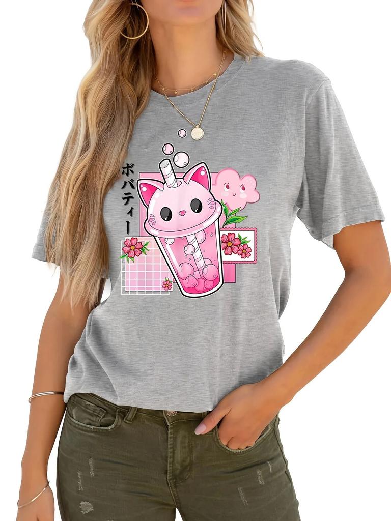 Boba Tea Cat Bubble Print T-Shirt, Kawaii Crew Neck Short Sleeve T-Shirt For Spring & Summer, WoUnisex Clothing Unisex