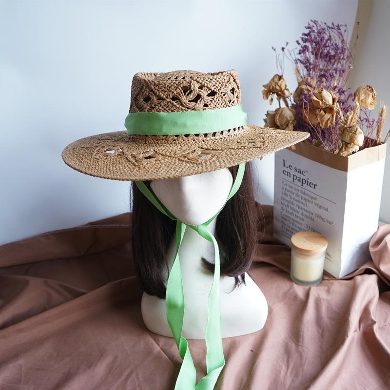 Japan Japanese French Retro Hollow Flower White Flat Top Top Hat Women'S Summer Sunshade Vacation Beach Straw Hat Outing