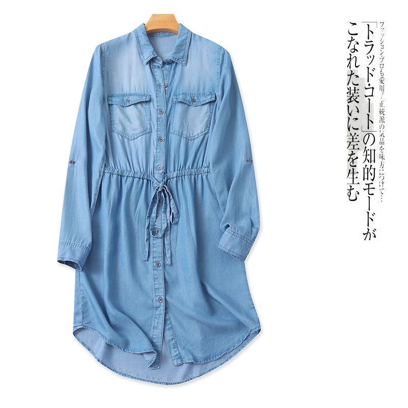 

Lyocell Denim Shirt Dress Summer and Autumn New Export Women s Silm Lapel Single Breasted Shoelace Waist Dress 29485 Blue C- 1-2-1 M