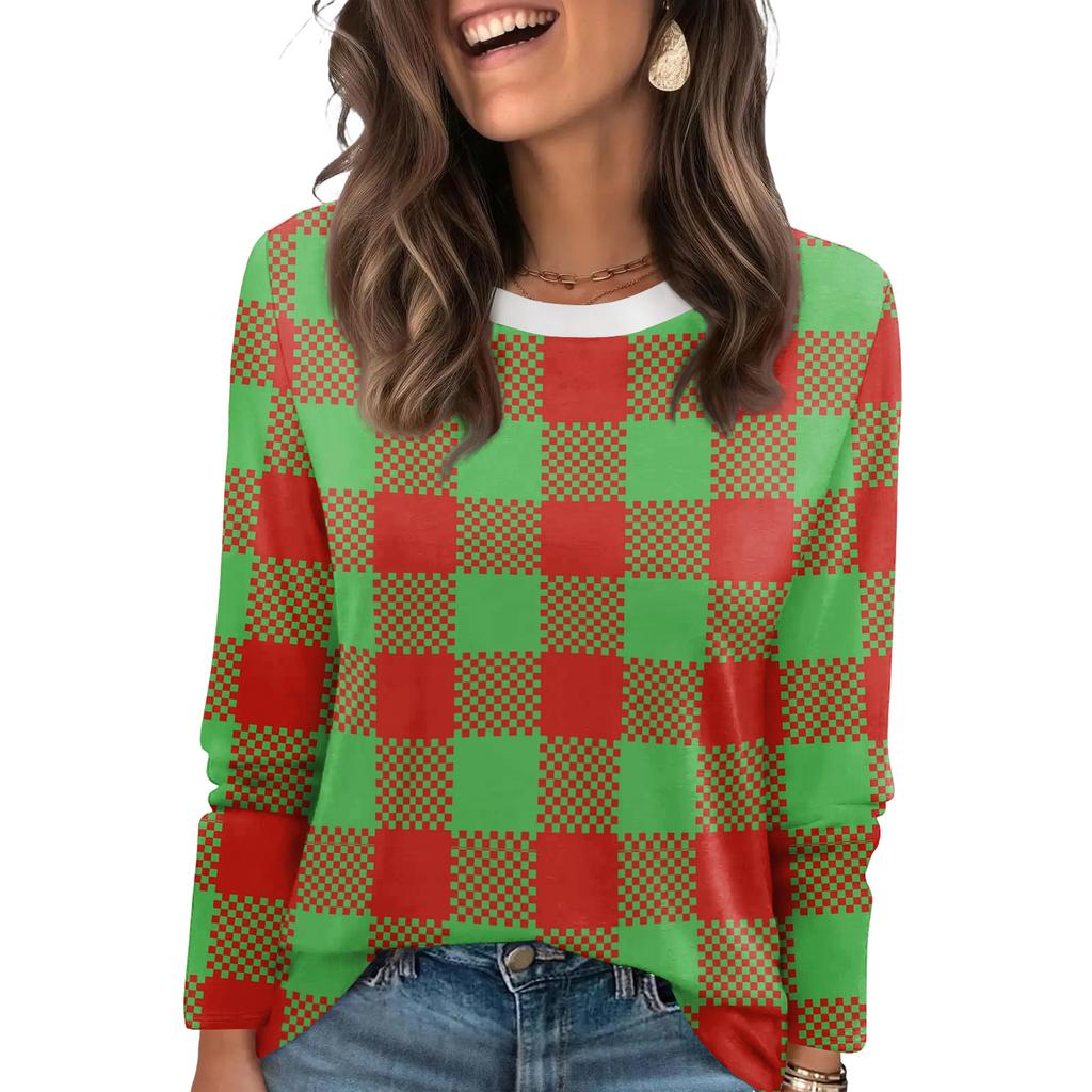 Damen Kariertes Bedrucktes Modisches Lässiges Rundhals Langarm Rundhals Oberteil