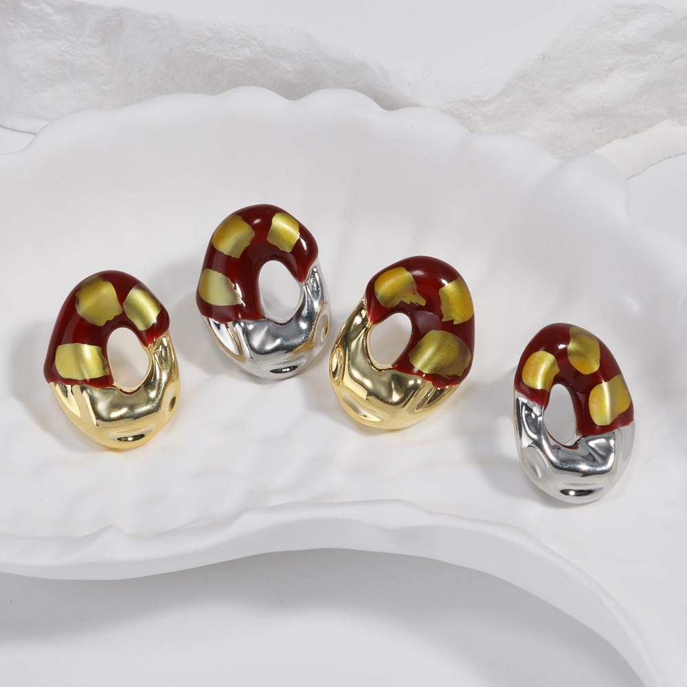 New Design Gilt Red Creative Gold Plated Irregular Round Geometric Earrings for Women Statement Studs Fashion Jewelry Waterproof