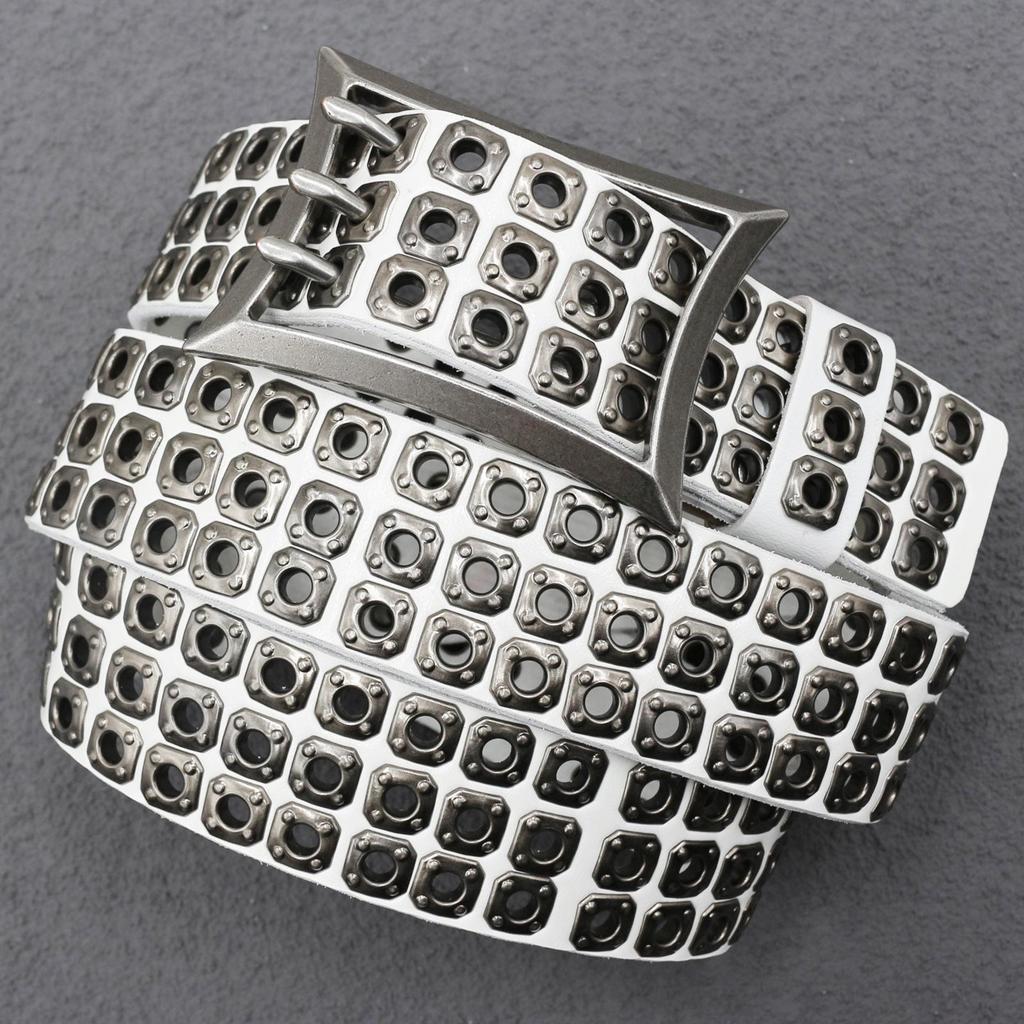 Original American Heavy Duty Leather Belt with Punk Eyelets and Rivets, Three-Pin Buckle, Unisex Cowhide Design