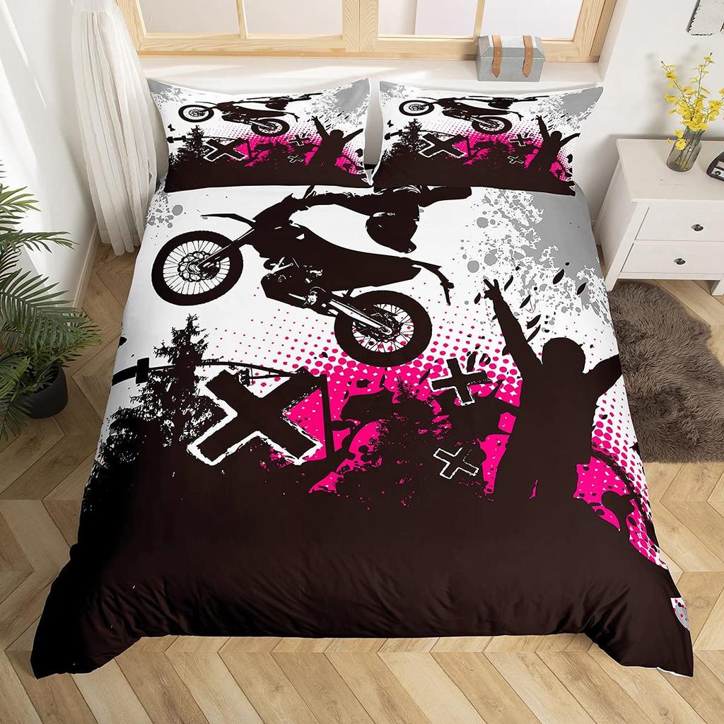 Dirt Bike Dynetrekk Twin Motocross Rider Dynetrekk Extreme Sports Sengesett Kult Motorsykkel Sengesett for Gutter Voksne