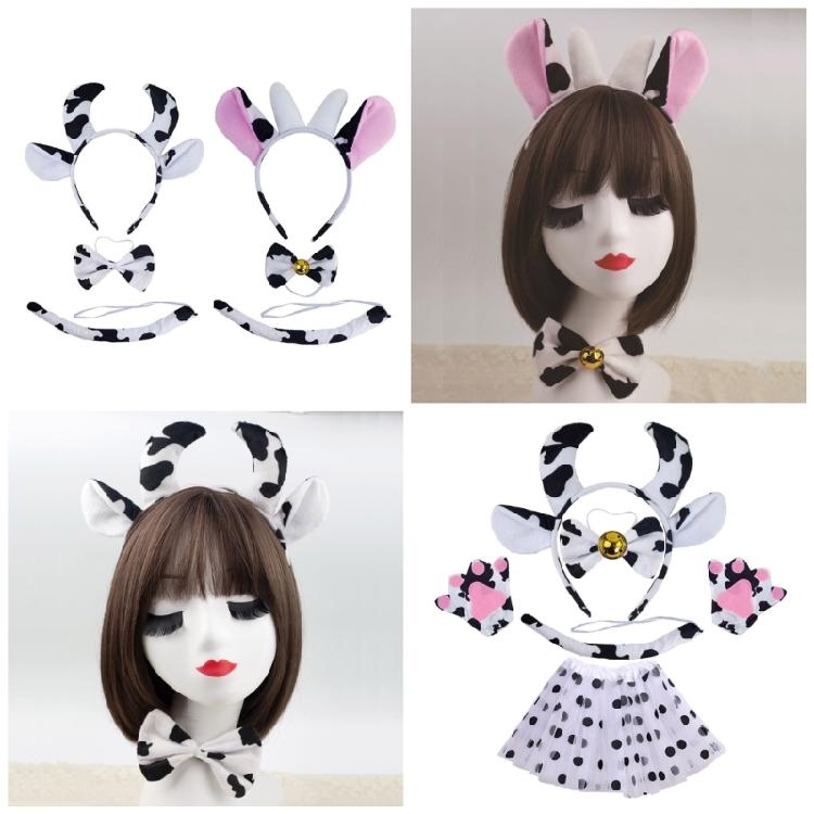Kuhkostüm Zubehör Set Kuh-Ohren Stirnband, Fliege, Schwanz, Tutu Rock, Handschuh