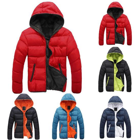 Men Color Block Zipper Hooded Cotton Padded Coat Slim Fit Thicken Outwear Jacket