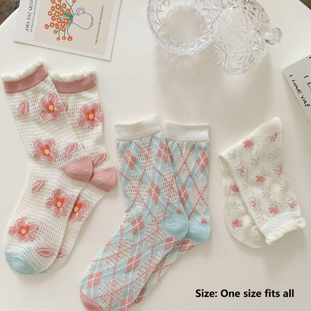 6 Pairs Flower Pattern Mesh Breathable Socks Hollow Mesh Cotton Anti-slip Summer Floral Socks Casual Breathable Middle Socks