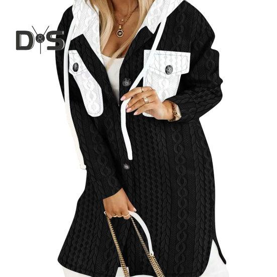 Women Fall Winter Sweater Coat Hooded Drawstring Twisted Pattern Contrast Color Thick Knitted Solid Color Long Sleeve Mid Length Pockets Split Hem