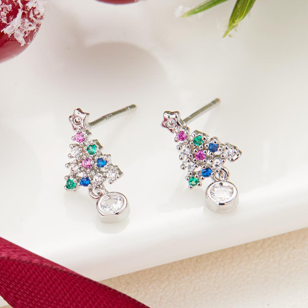 Merry Christmas Xmas Tree Red Ball Asymmetric Stud Earrings for Women New Year Snowflake Bell Deer Zircon Festival Earring