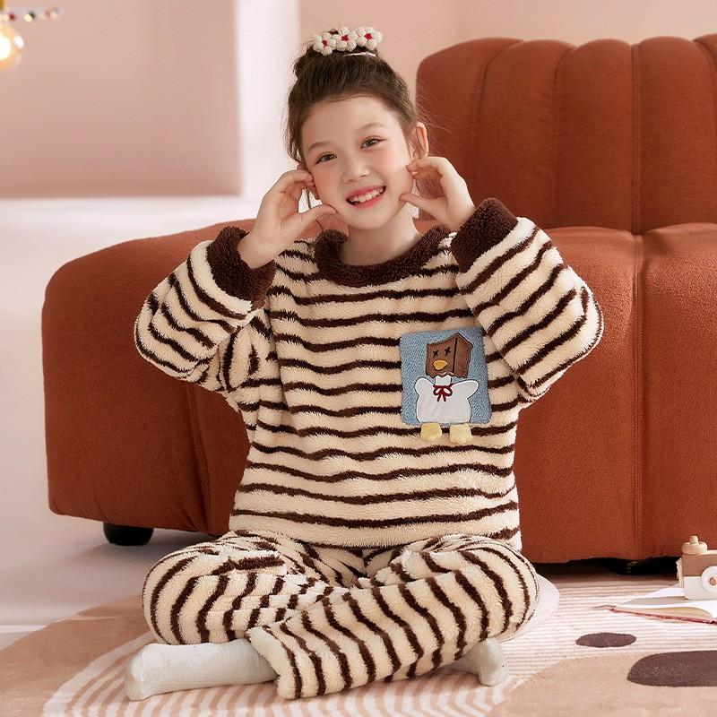 Girls Warm Coral Fleece Pajama Set Long Sleeve Cartoon Print Soft Home Wear Winter