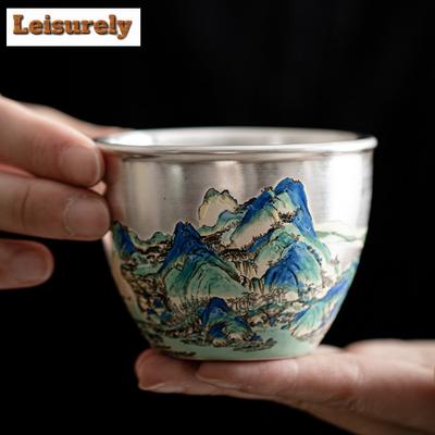 100ml Handamde Gilded Silver Tea Cup Landscape Ceramic Master Cup Chinese Puer Tea Bowl Mugs Kung Fu Teaware Drinkware Gift Box