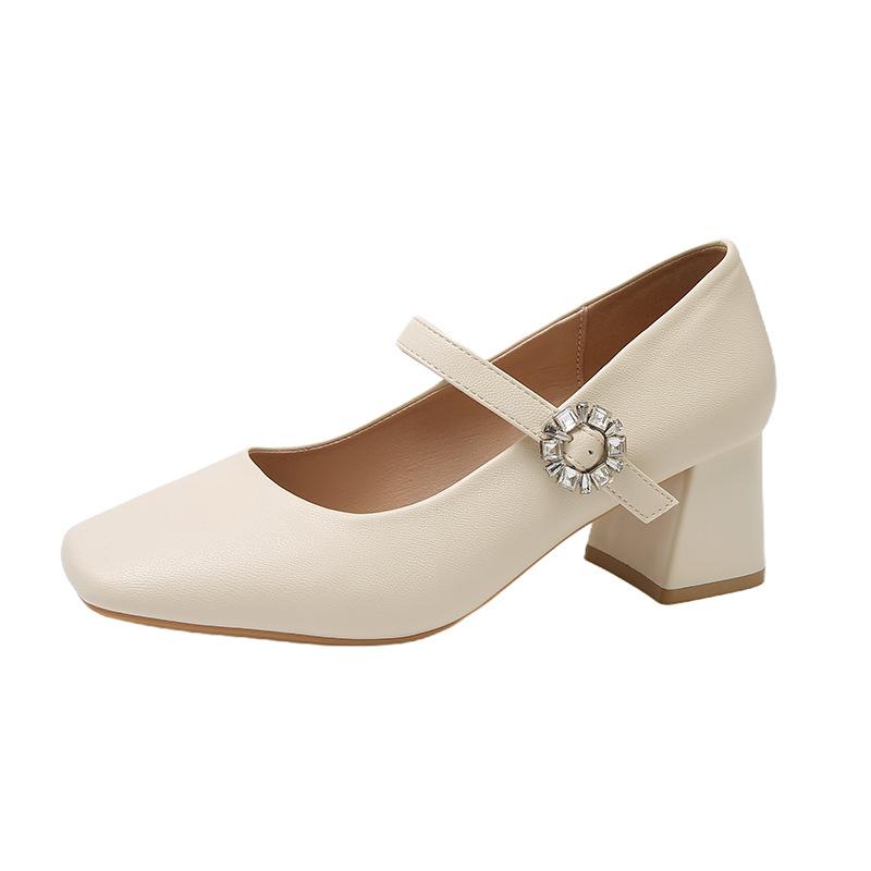 Square head shallow mouth Mary Jane single shoes women's 2025 spring new French temperament shallow mouth high heel fashion women's shoes