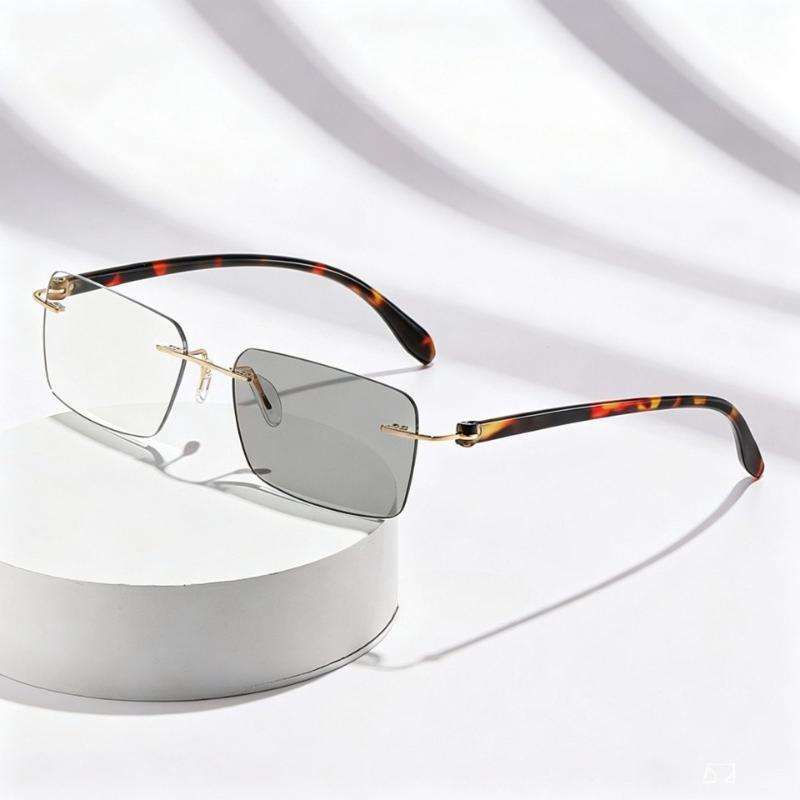 Luxury Metal Frameless Photochromic Reading Glasses Fashionably Lightweight Business Blue Light Blocking Eyewear 0 To +4.0