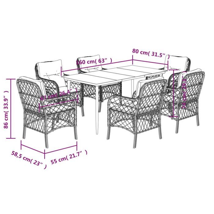 VidaXL 7-Piece Garden Dining Set with Cushions, Patio Table and Chairs, Outdoor Furniture Terrace, Modern, 3212142