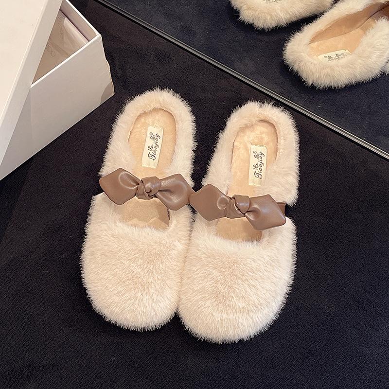 Schleife Flachboden Samt Thermische Baumwollschuhe für Damen Winter 2025 neu Ein-Pedal Flachboden Mode Flauschige Baumwollpantoffeln