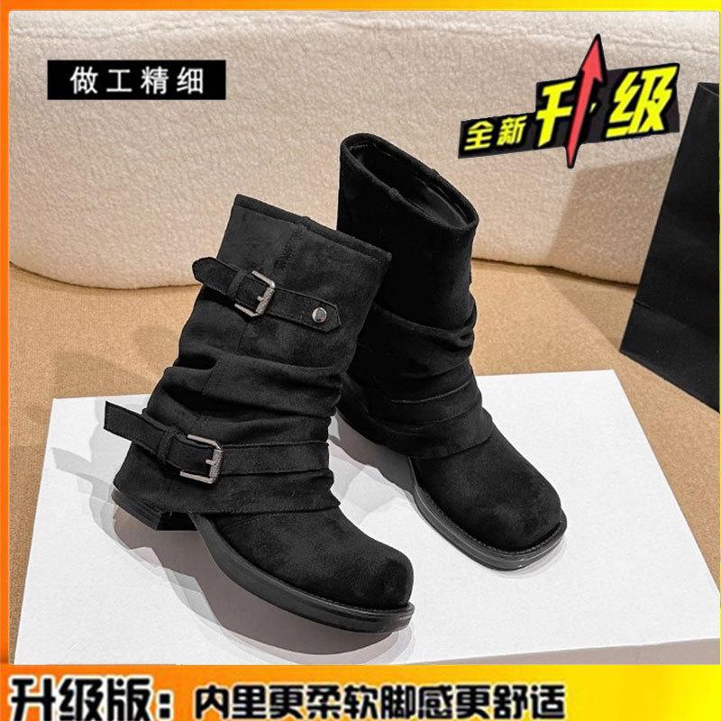 Top layer cowhide~ thick heel pleated pile short boots women's autumn and winter Maillard vintage western trousers Martin boots