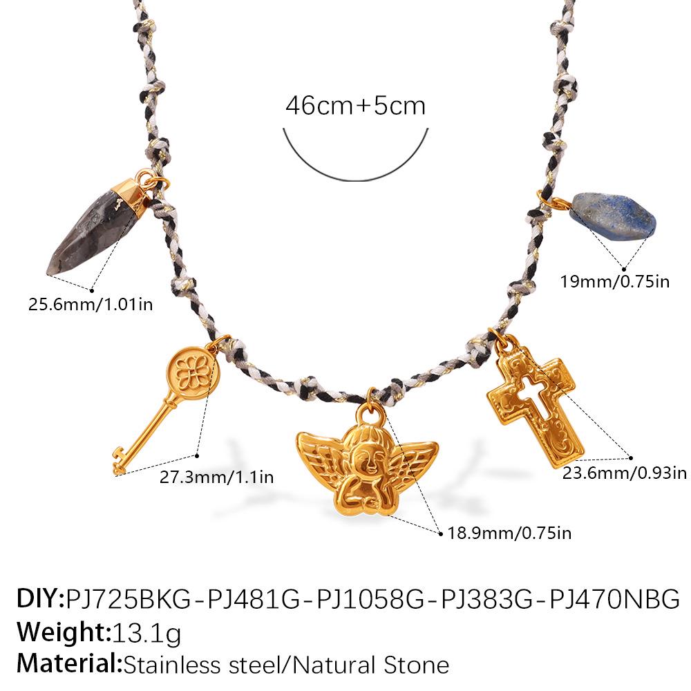 European-American Geometric Woven Rope Jewelry Set: Natural Stone Bracelet & Necklace