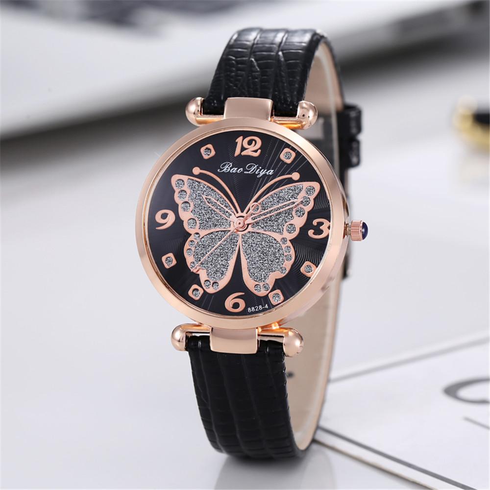 Women Butterfly Rhinestone Dial Quartz Watche Ladies Wristwatche Simple Leather Clock