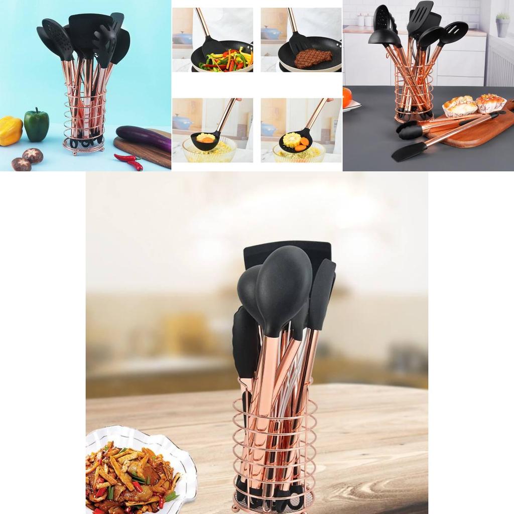Mångsidigt Svart Silikon och Rostfritt Stål Köksredskapsset Tolvdelat Non-stick Matlagningsnödvändigheter