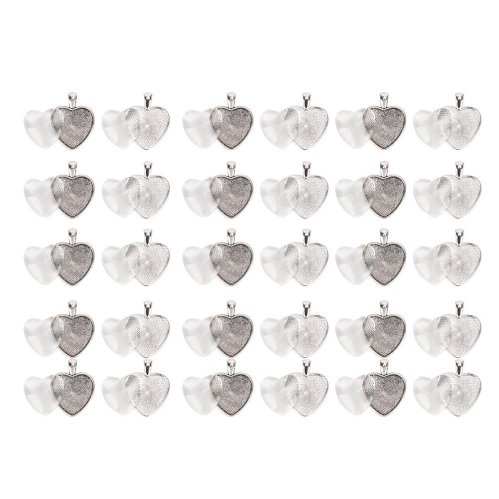 60Pcs Zinc Alloy + Glass Alloy Pendant Trays 25mm Pendant Tray Heart-shaped Base Trays Heart-shaped DIY Jewelry Accessories